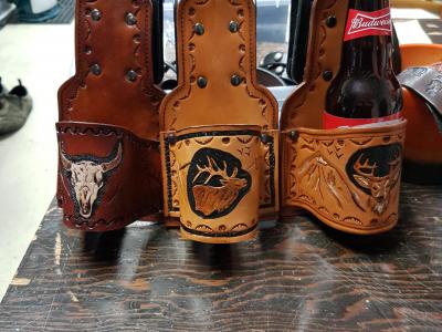 Beer Holster With a Swivel Clip , Custom, Full Grain Leather, Hand tooled, Hand Made in the Okanagan, Oliver, B.C., Canada