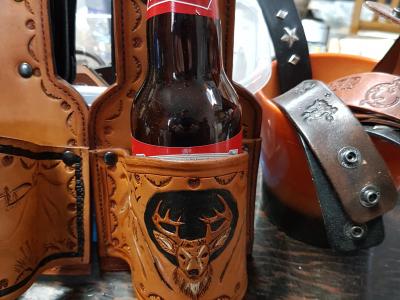 Beer Holster With a Swivel Clip , Custom, Full Grain Leather, Hand tooled, Hand Made in the Okanagan, Oliver, B.C., Canada