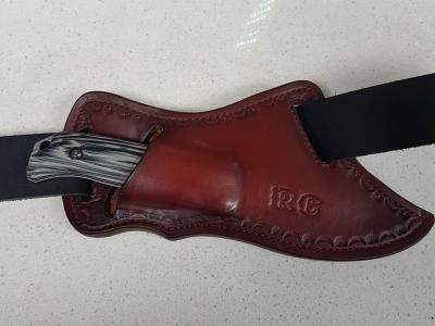 Knife Sheath For Quick draw, Custom, Full Grain Leather, Hand tooled, Hand made in the Okanagan, Oliver, B.C., Canada.