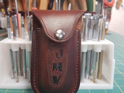 Knife Sheath For Multitool, Custom, Full Grain Leather, Hand tooled, Hand made in the Okanagan, Oliver, B.C., Canada.