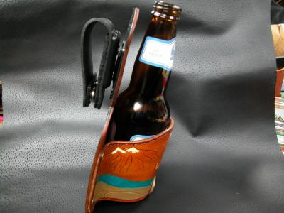 Beer Holster With a Swivel Clip , Custom, Full Grain Leather, Hand tooled, Hand Made in the Okanagan, Oliver, B.C., Canada