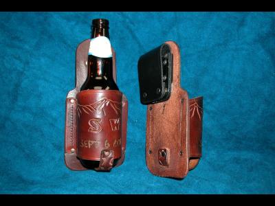 Beer Holster With a Swivel Clip , Custom, Full Grain Leather, Hand tooled, Hand Made in the Okanagan, Oliver, B.C., Canada