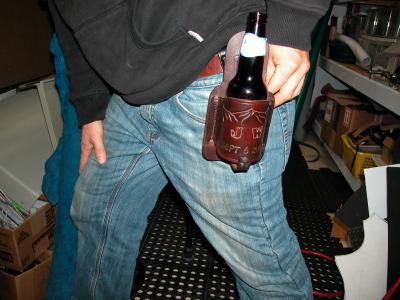 Beer Holster With a Swivel Clip , Custom, Full Grain Leather, Hand tooled, Hand Made in the Okanagan, Oliver, B.C., Canada.