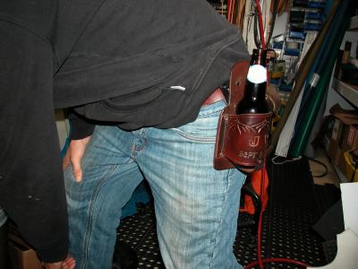 Beer Holster With a Swivel Clip , Custom, Full Grain Leather, Hand tooled, Hand Made in the Okanagan, Oliver, B.C., Canada