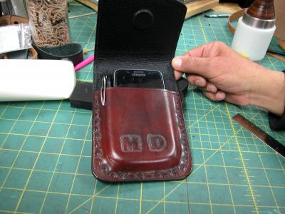 Front, Cell Phone Holster Ox Blood Colour, Custom, Full Grain Leather, Hand tooled, Hand Made in the Okanagan, Oliver, B.C., Canada.