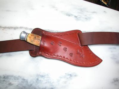 Knife Sheath For Quick draw, Custom, Full Grain Leather, Hand tooled, Hand made in the Okanagan, Oliver, B.C., Canada.