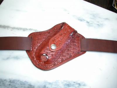 Knife Sheath Quick draw for Multitool, Custom, Full Grain Leather, Hand tooled, Hand made in the Okanagan, Oliver, B.C., Canada.