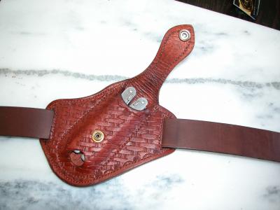 Knife Sheath Quick draw for Multitool, Custom, Full Grain Leather, Hand tooled, Hand made in the Okanagan, Oliver, B.C., Canada.