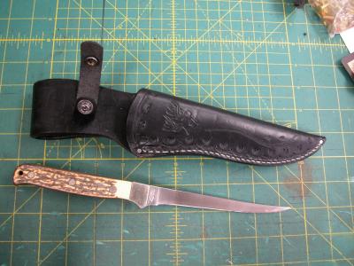 Knife Sheath Assorted, Custom, Full Grain Leather, Hand tooled, Hand made in the Okanagan, Oliver, B.C., Canada.