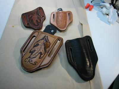 Knife Sheath Pancake Style With Quick Draw, Custom, Full Grain Leather, Hand tooled, Hand made in the Okanagan, Oliver, B.C., Canada.