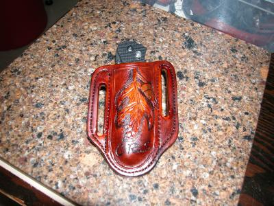 Knife Sheath Pancake Style With Quick Draw, Custom, Full Grain Leather, Hand tooled, Hand made in the Okanagan, Oliver, B.C., Canada.