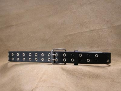 Belt 1 1/2" with eyelets, black colour, fits waist 28" to 32",double prong roller buckle, Custom, Full Grain Leather, Hand tooled, Hand made in the Okanagan, Oliver, B.C., Canada.