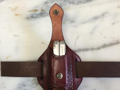 Knife Sheath For Multitool, Custom, Full Grain Leather, Hand tooled, Hand made in the Okanagan, Oliver, B.C., Canada.