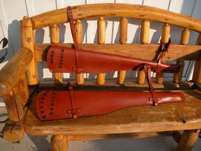 Rifle Scabbards Assorted And Some With Mounting Straps To Attach to What Ever You Ride. Horse Or Horse Powered Vehicle With Wheels. Custom, Full Grain Leather, Hand tooled, Hand made in the Okanagan, Oliver, B.C., Canada.