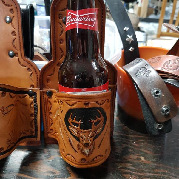 Beer Holster With a Swivel Clip , Custom, Full Grain Leather, Hand tooled, Hand Made in the Okanagan, Oliver, B.C., Canada
