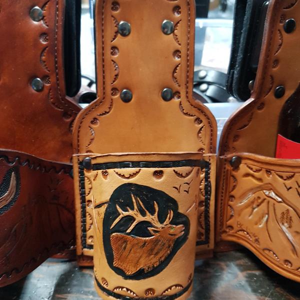 Beer Holster With a Swivel Clip , Custom, Full Grain Leather, Hand tooled, Hand Made in the Okanagan, Oliver, B.C., Canada