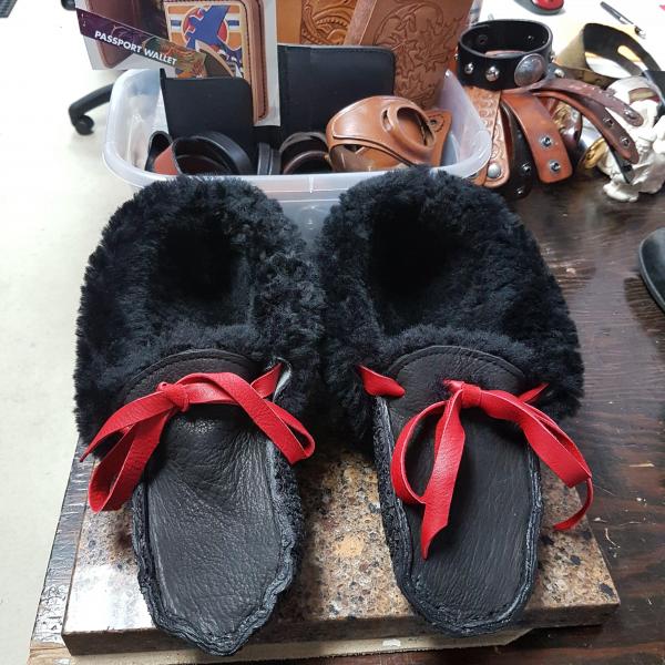 Sheep and deer skin Moccasins, Custom, Full Grain Leather, Hand tooled, Hand made in the Okanagan, Oliver, B.C., Canada.