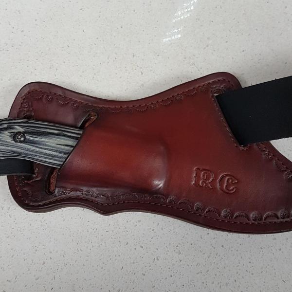 Knife Sheath For Quick draw, Custom, Full Grain Leather, Hand tooled, Hand made in the Okanagan, Oliver, B.C., Canada.