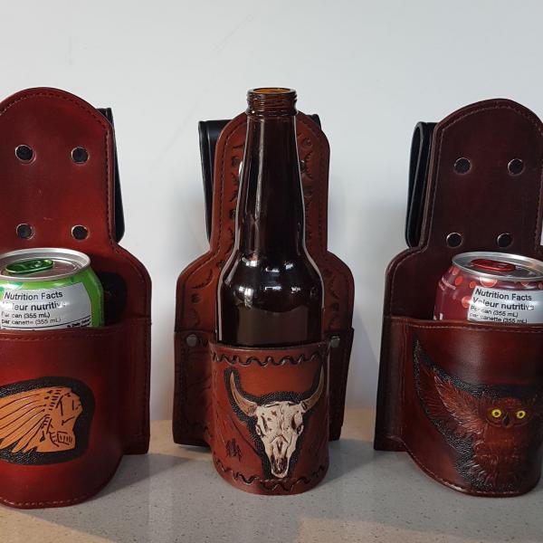 Beer Holster With a Swivel Clip , Custom, Full Grain Leather, Hand tooled, Hand Made in the Okanagan, Oliver, B.C., Canada.