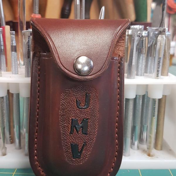 Knife Sheath For Multitool, Custom, Full Grain Leather, Hand tooled, Hand made in the Okanagan, Oliver, B.C., Canada.