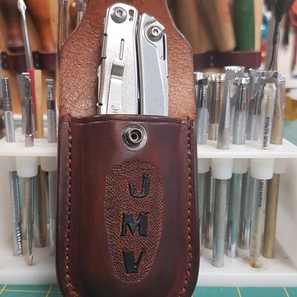 Knife Sheath For Multitool, Custom, Full Grain Leather, Hand tooled, Hand made in the Okanagan, Oliver, B.C., Canada.