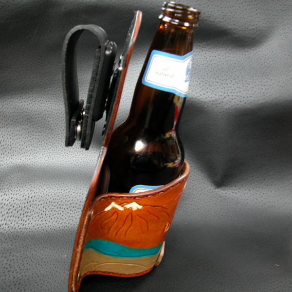 Beer Holster With a Swivel Clip , Custom, Full Grain Leather, Hand tooled, Hand Made in the Okanagan, Oliver, B.C., Canada