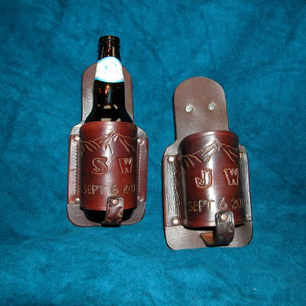 Beer Holster With a Swivel Clip , Custom, Full Grain Leather, Hand tooled, Hand Made in the Okanagan, Oliver, B.C., Canada