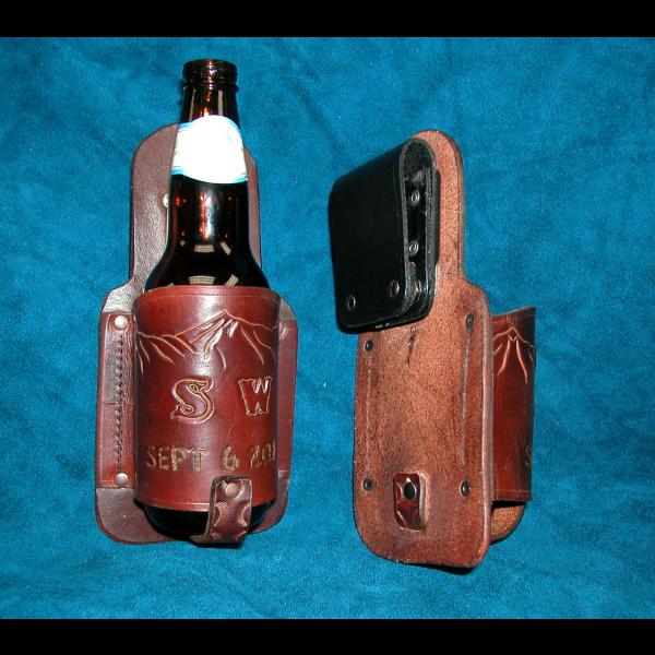 Beer Holster With a Swivel Clip , Custom, Full Grain Leather, Hand tooled, Hand Made in the Okanagan, Oliver, B.C., Canada