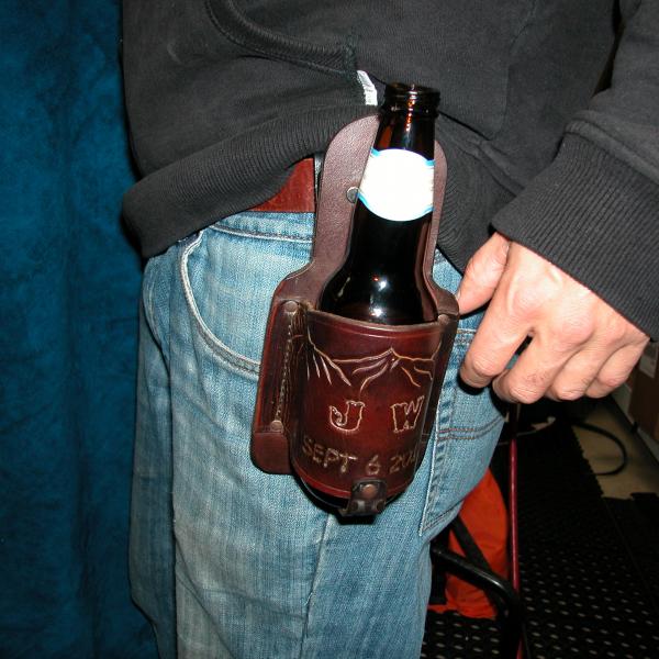 Beer Holster With a Swivel Clip , Custom, Full Grain Leather, Hand tooled, Hand Made in the Okanagan, Oliver, B.C., Canada