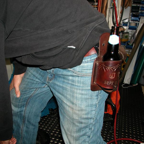 Beer Holster With a Swivel Clip , Custom, Full Grain Leather, Hand tooled, Hand Made in the Okanagan, Oliver, B.C., Canada