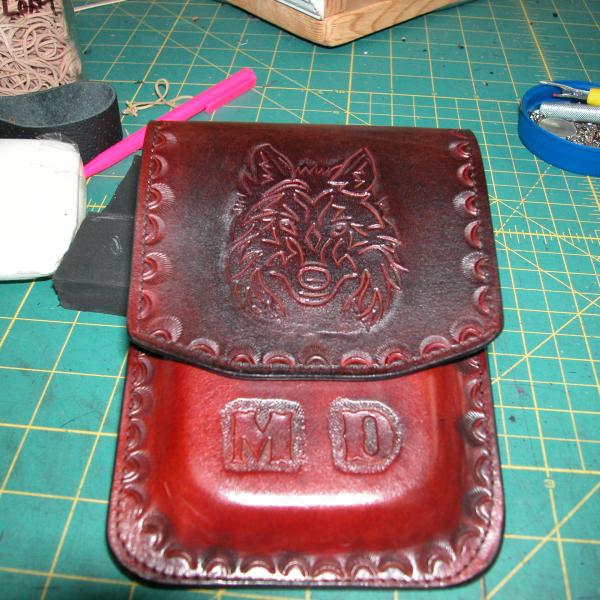 Closed, Cell Phone Holster, Ox Blood Colour, Custom, Full Grain Leather, Hand tooled, Hand made in the Okanagan, Oliver, B.C., Canada.