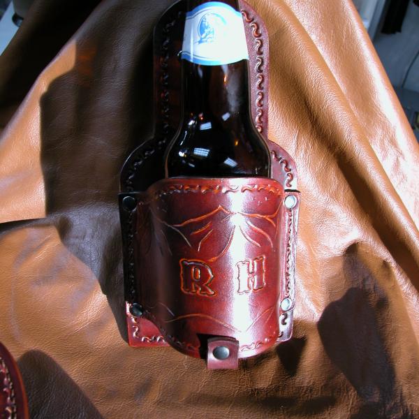 Beer Holster With a Swivel Clip , Custom, Full Grain Leather, Hand tooled, Hand Made in the Okanagan, Oliver, B.C., Canada