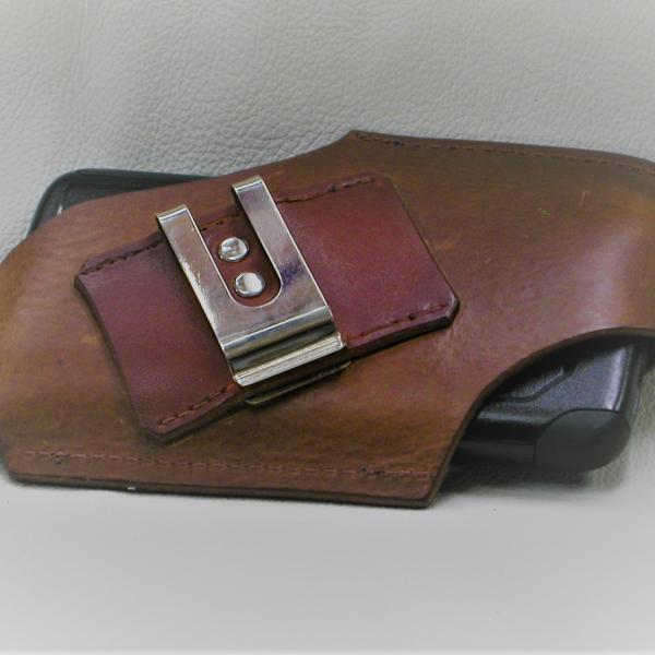 Back, Cell Phone Holster Ox Blood Colour, Custom, Full Grain Leather, Hand tooled, Hand Made in the Okanagan, Oliver, B.C., Canada.