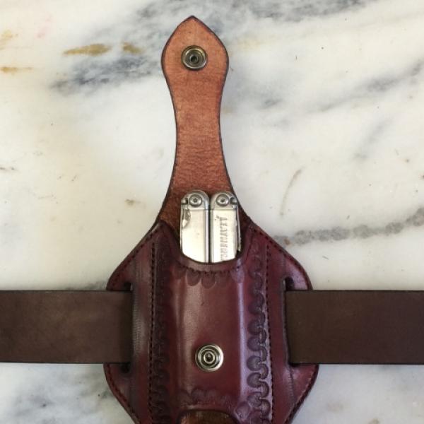 Knife Sheath For Multitool, Custom, Full Grain Leather, Hand tooled, Hand made in the Okanagan, Oliver, B.C., Canada.